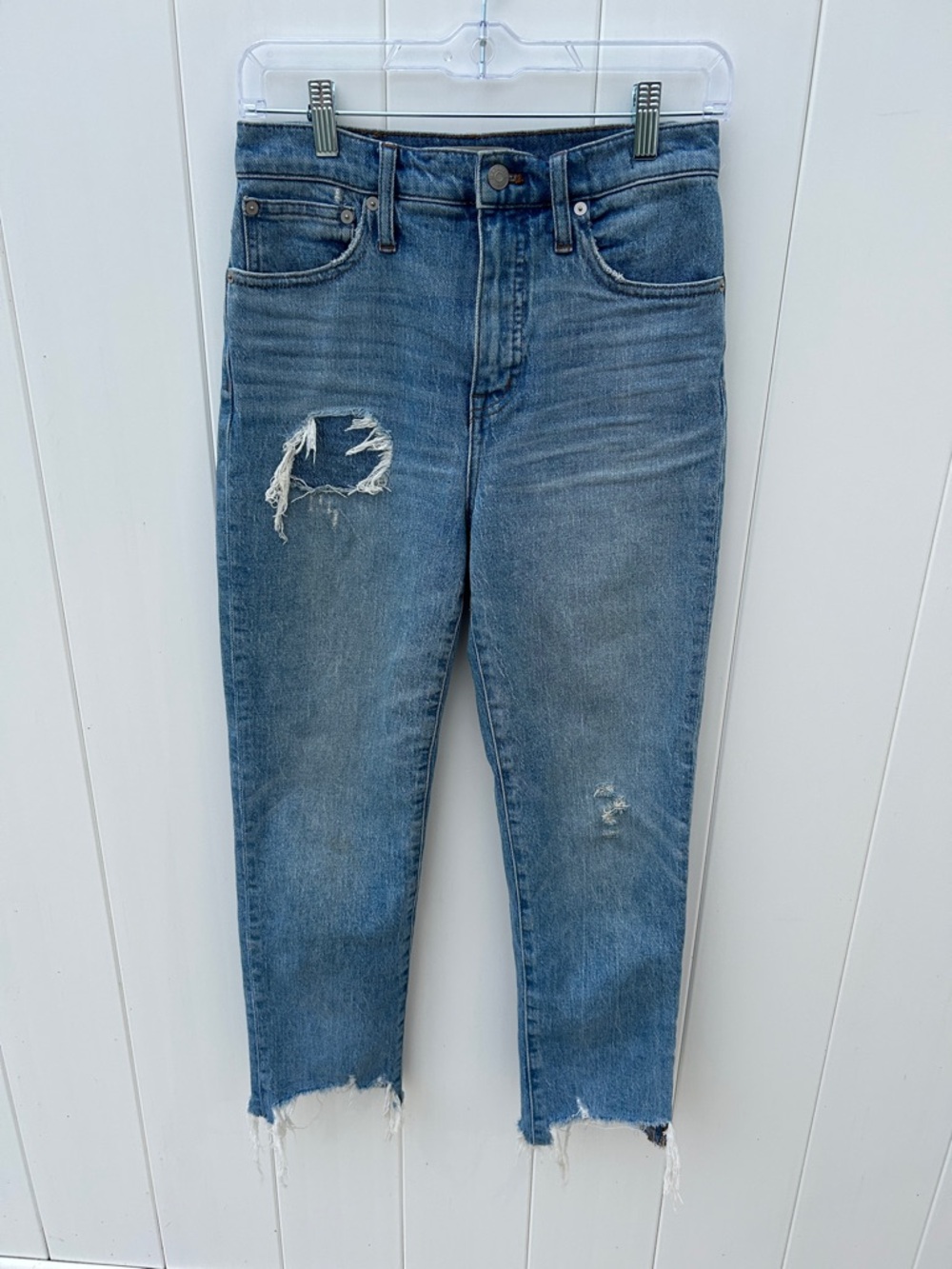 Madewell Classic Straight Jean Womens 25 High Rise Raw Hem Distressed Blue Denim